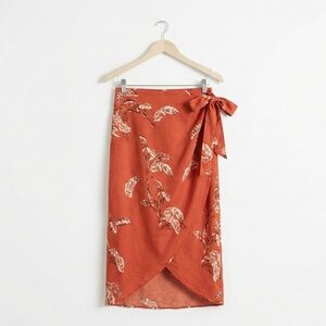 MNG Mango Midi Wrap Skirt S Rust Orange Tropical Leaf Print 100% Cotton Sarong